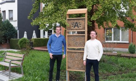 Twee vrienden staan tegenover elkaar in het stemhokje